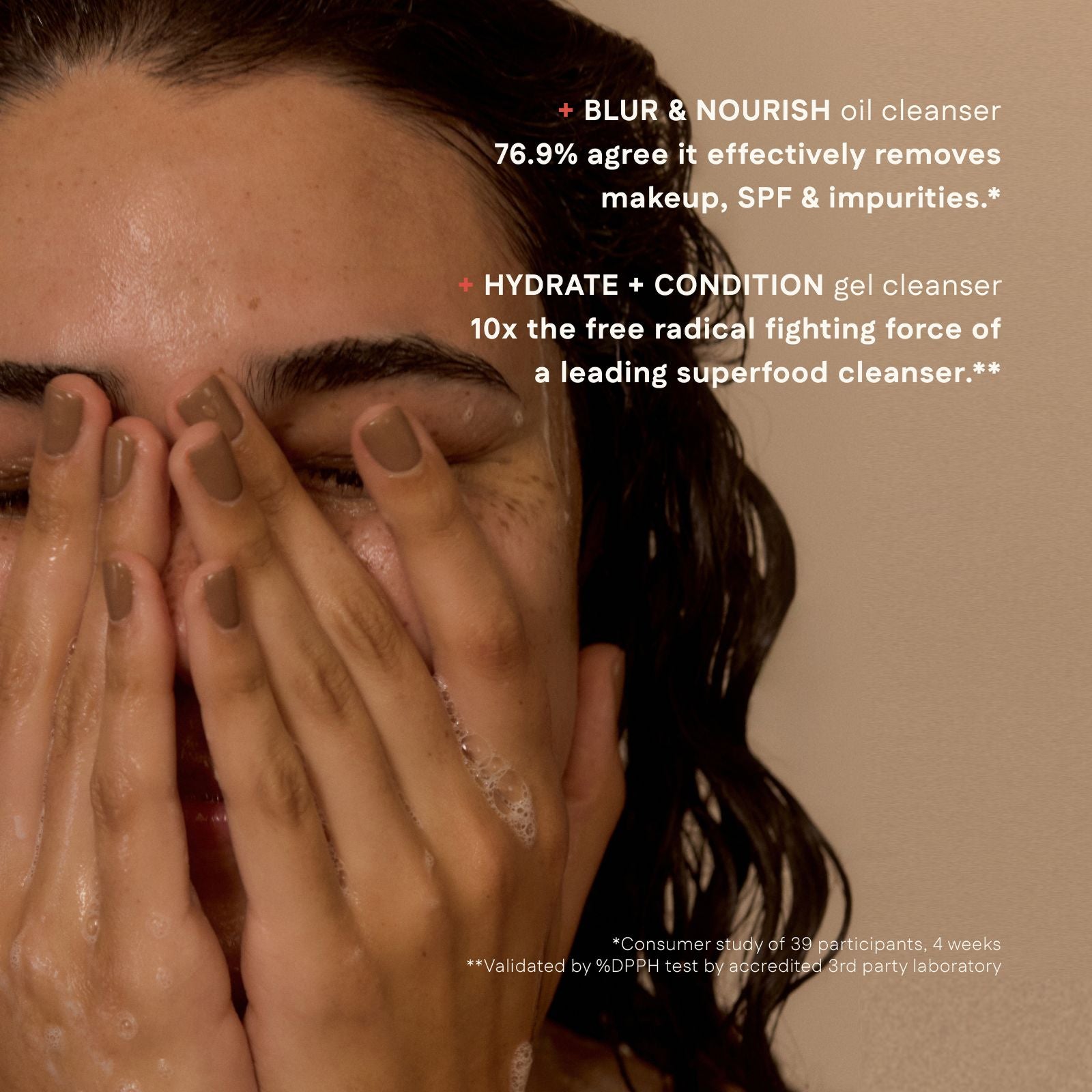 Person washing their face with text about skincare products on a beige background