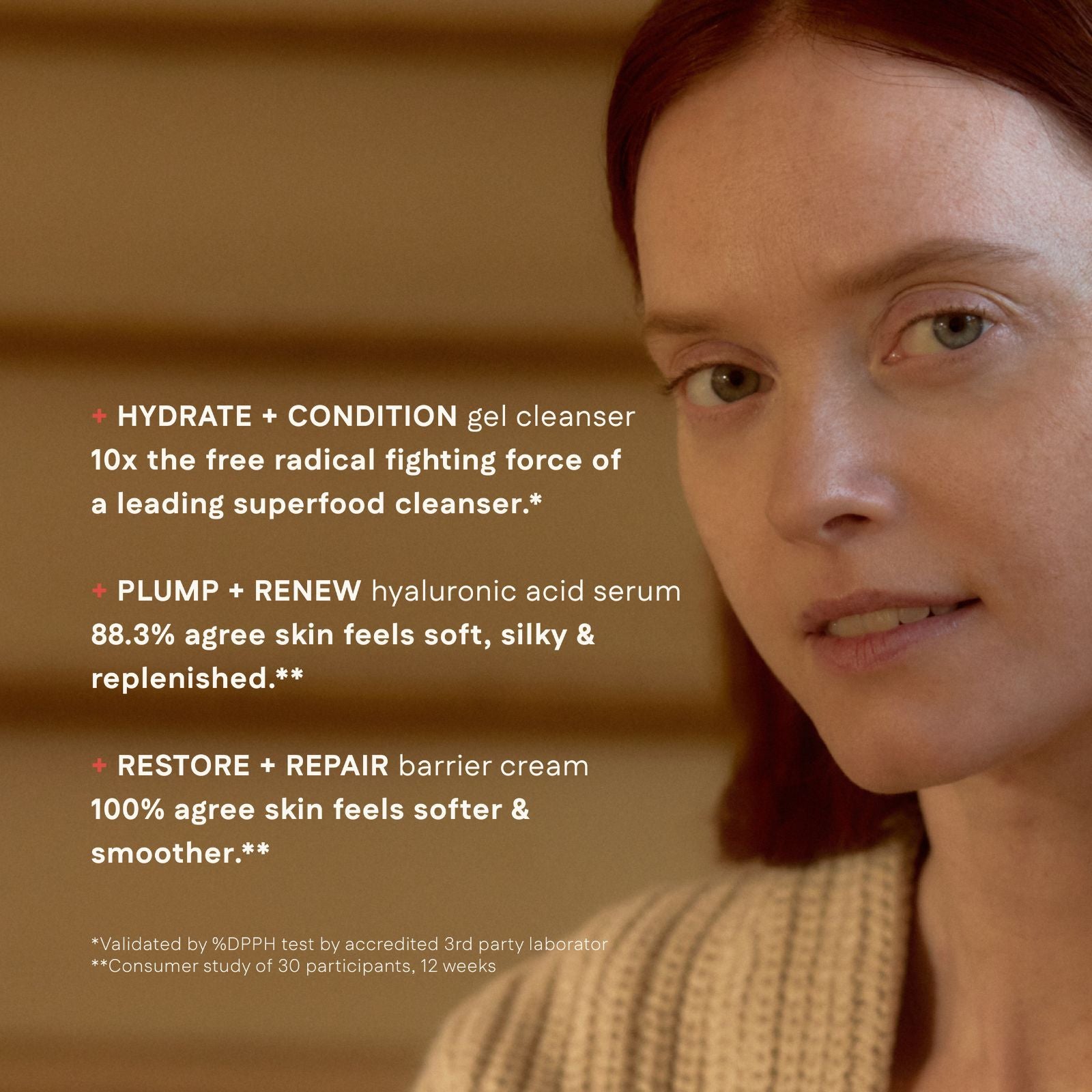 Woman with text about skincare products on a blurred background