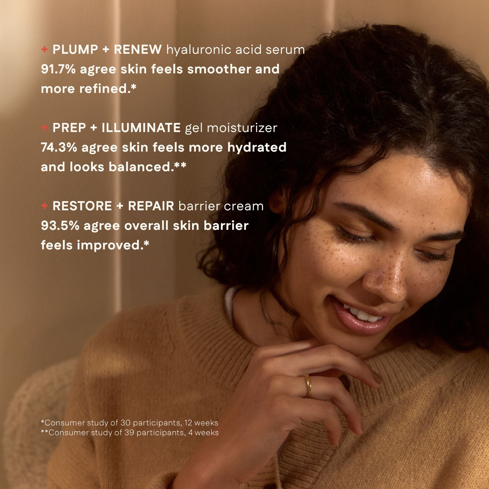 Woman with a warm-toned sweater and text about skincare products on a beige background
