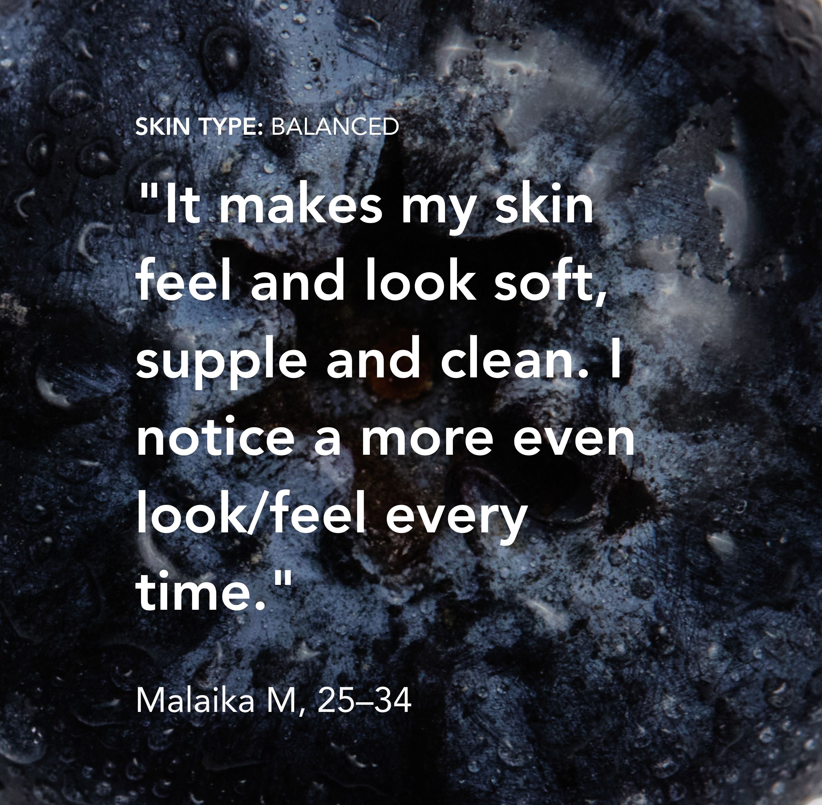 Text on a dark textured background describing skin care benefits