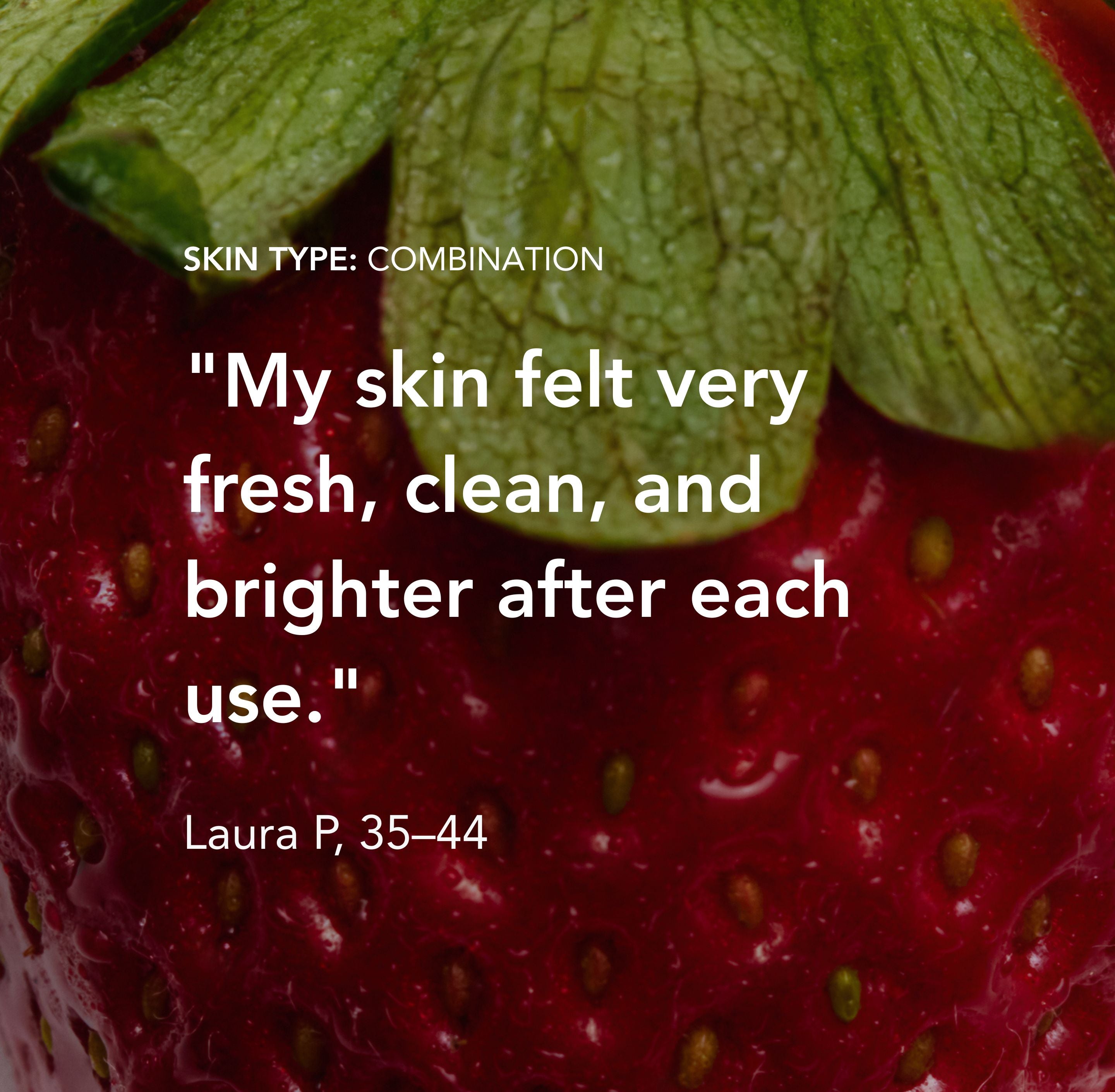 Close-up of a strawberry with a testimonial about skin freshness and cleanliness.