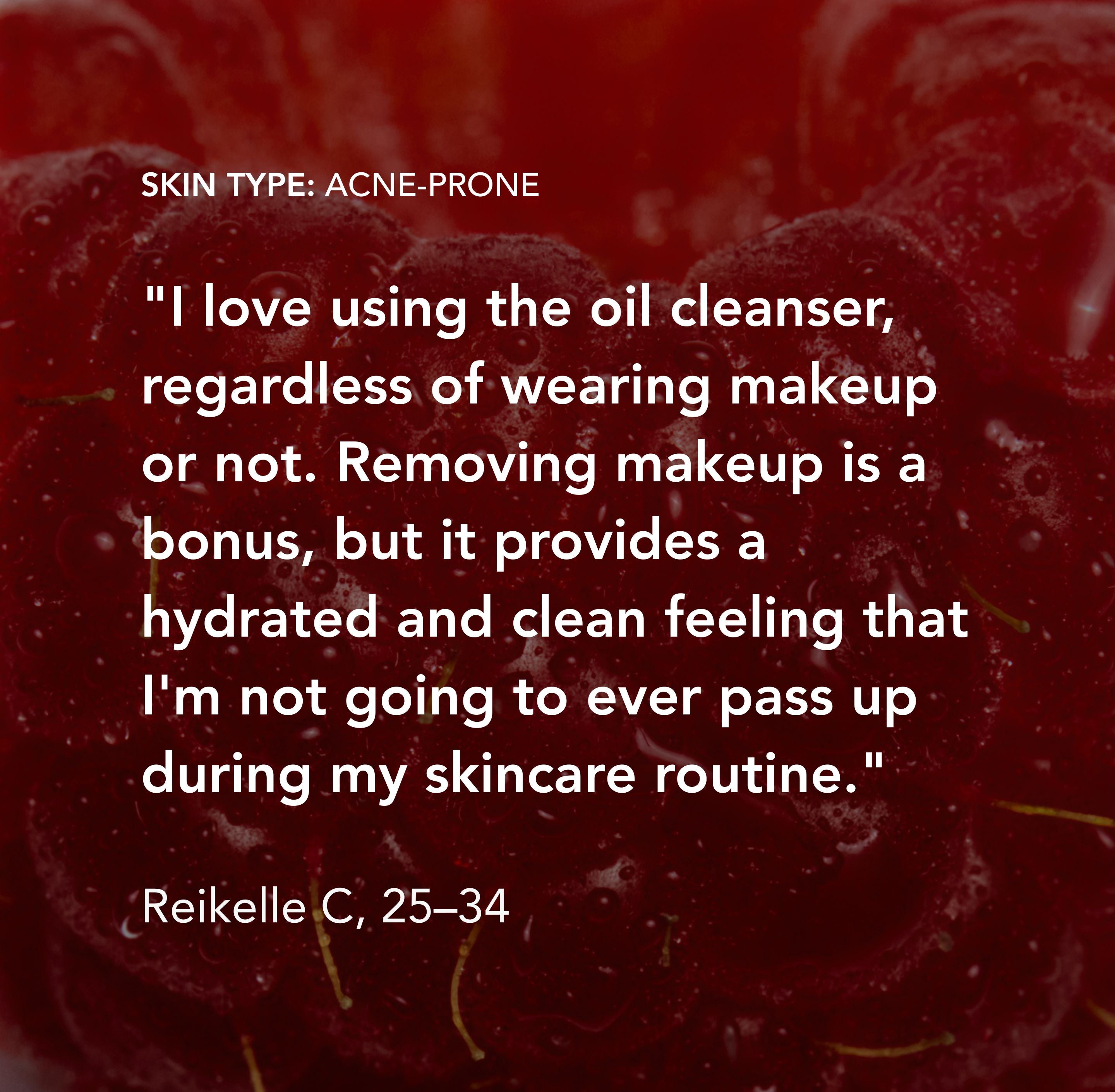 Text on a red background about using an oil cleanser for acne-prone skin.