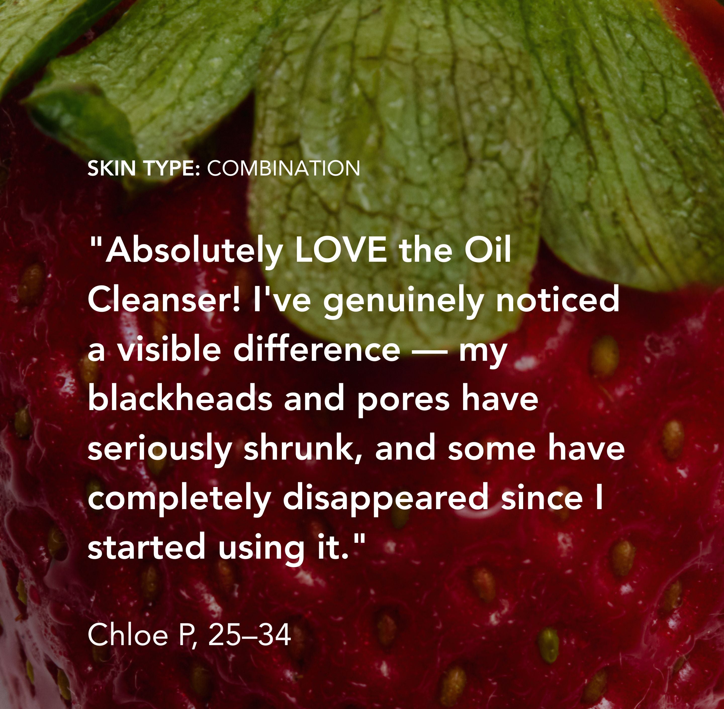 Close-up of a strawberry with green leaves and text about a skin care product.