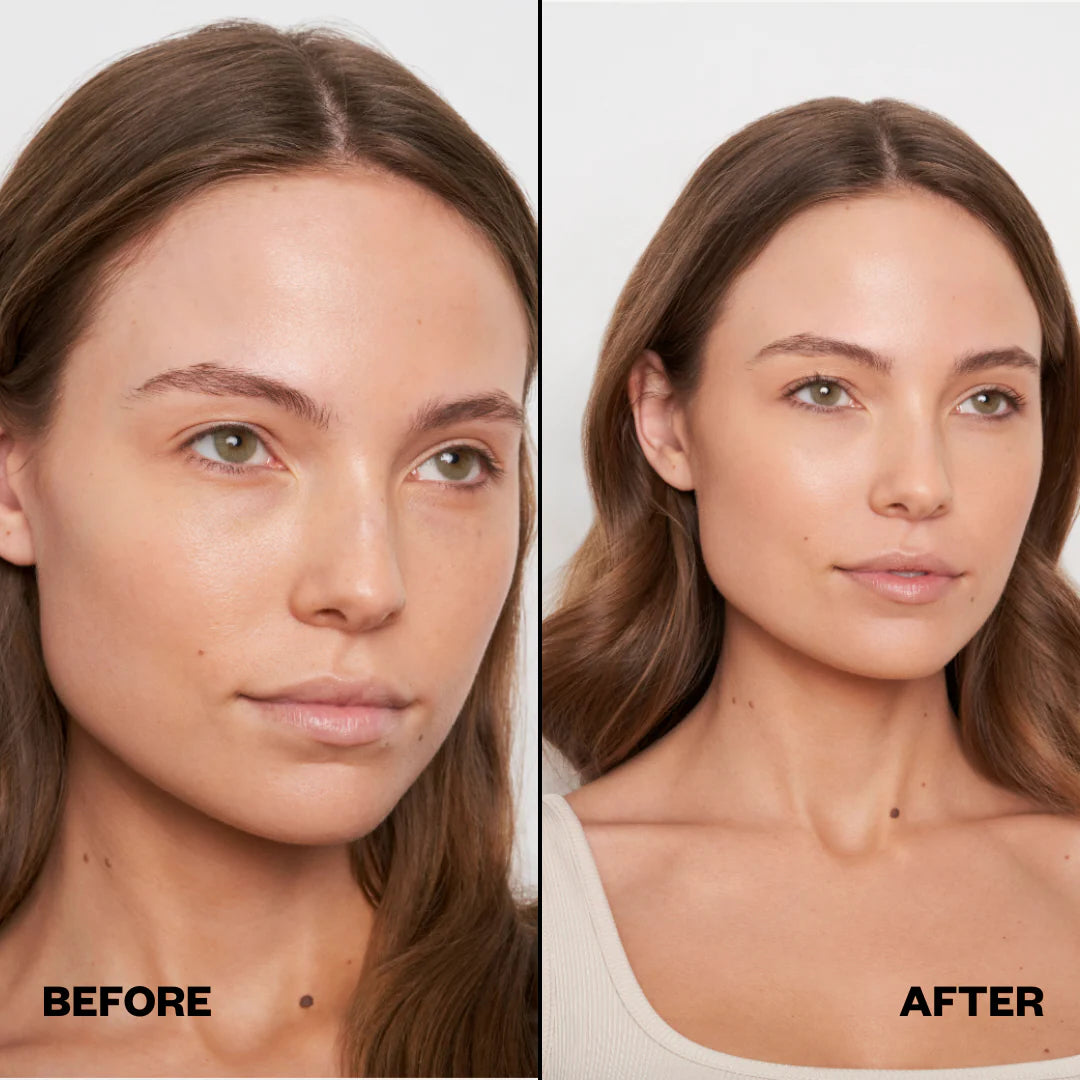Before and after comparison of a woman's face with visible makeup changes.