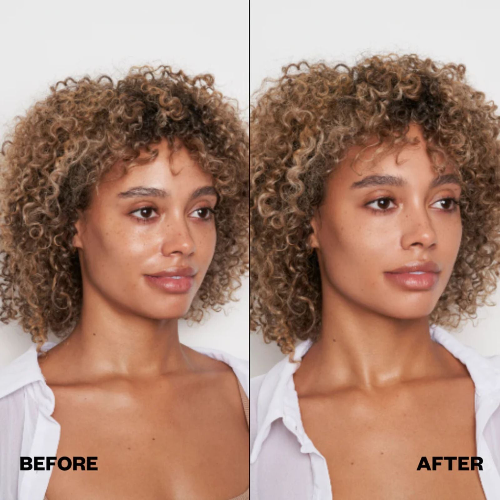 Before and after comparison of a woman with curly hair against a white background