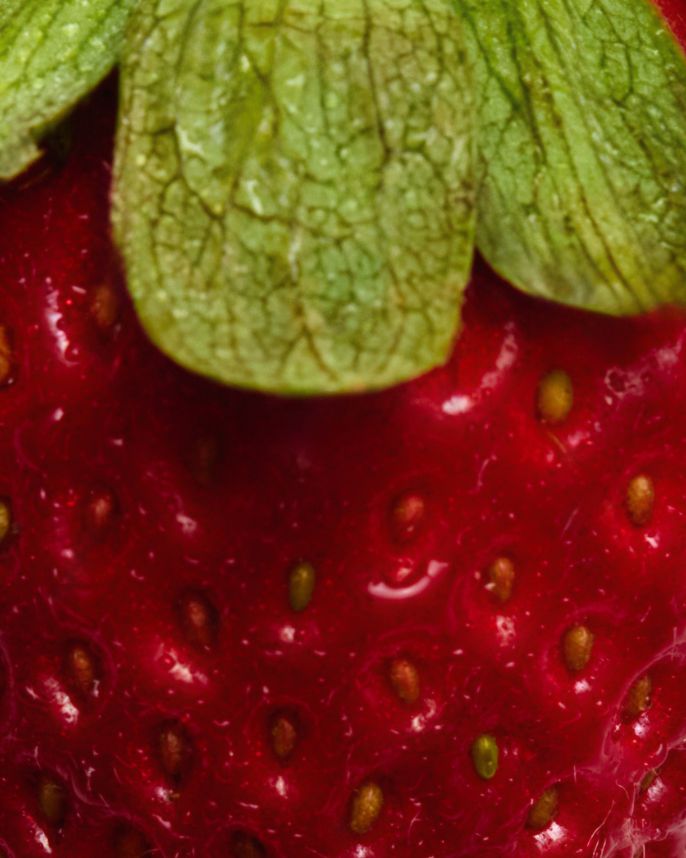 Close-up of a strawberry with green leaf on top