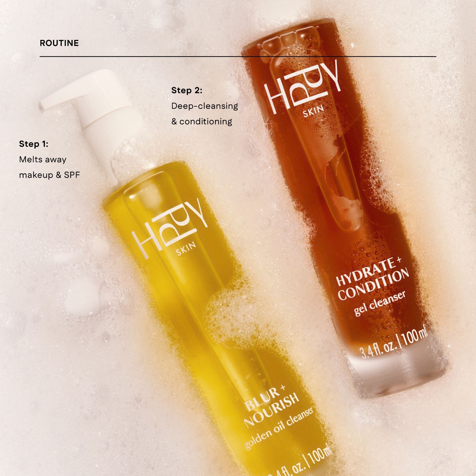 Two bottles of hppy Skin products on a textured background with text indicating a skincare routine.