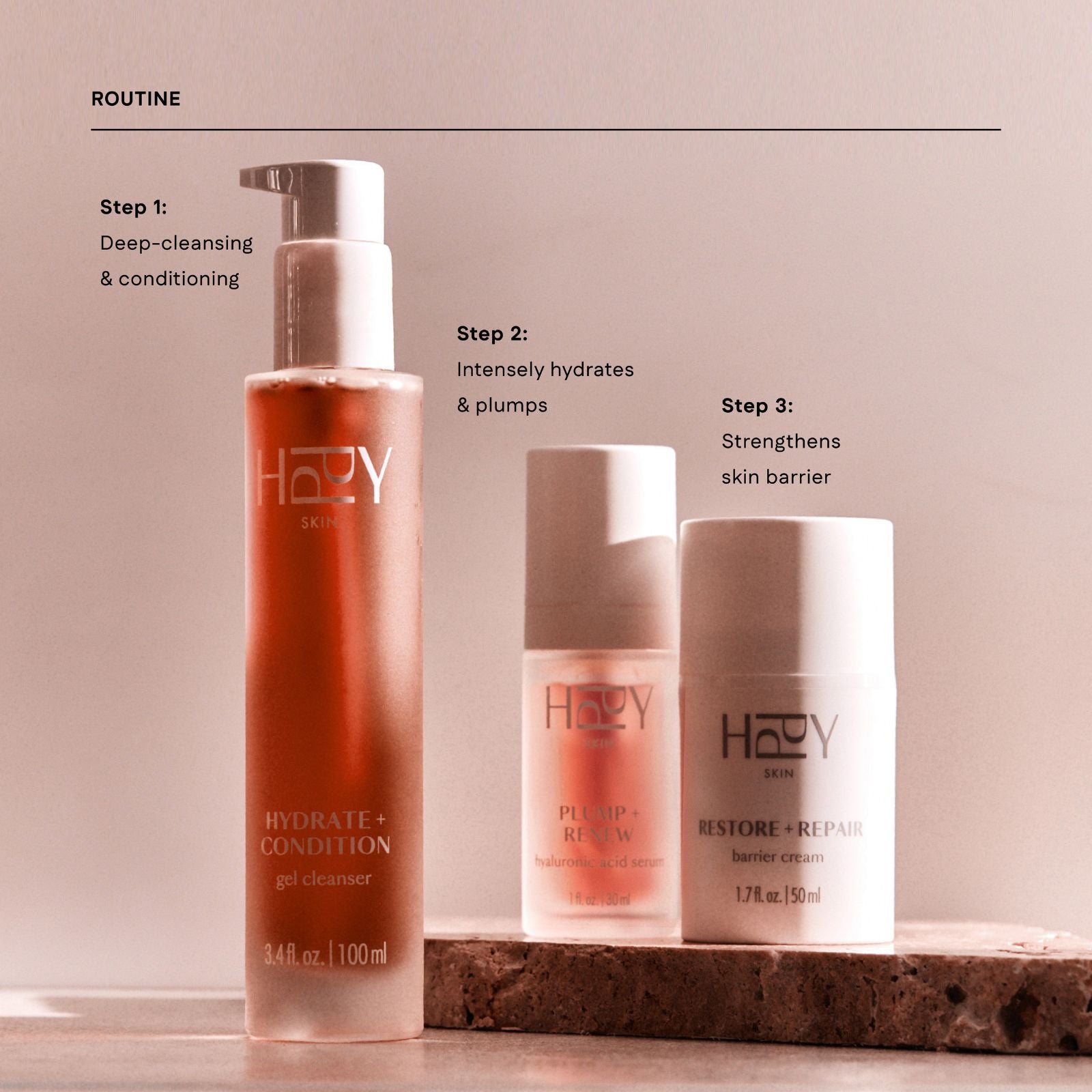 hppy skincare products with step-by-step routine description on a neutral background