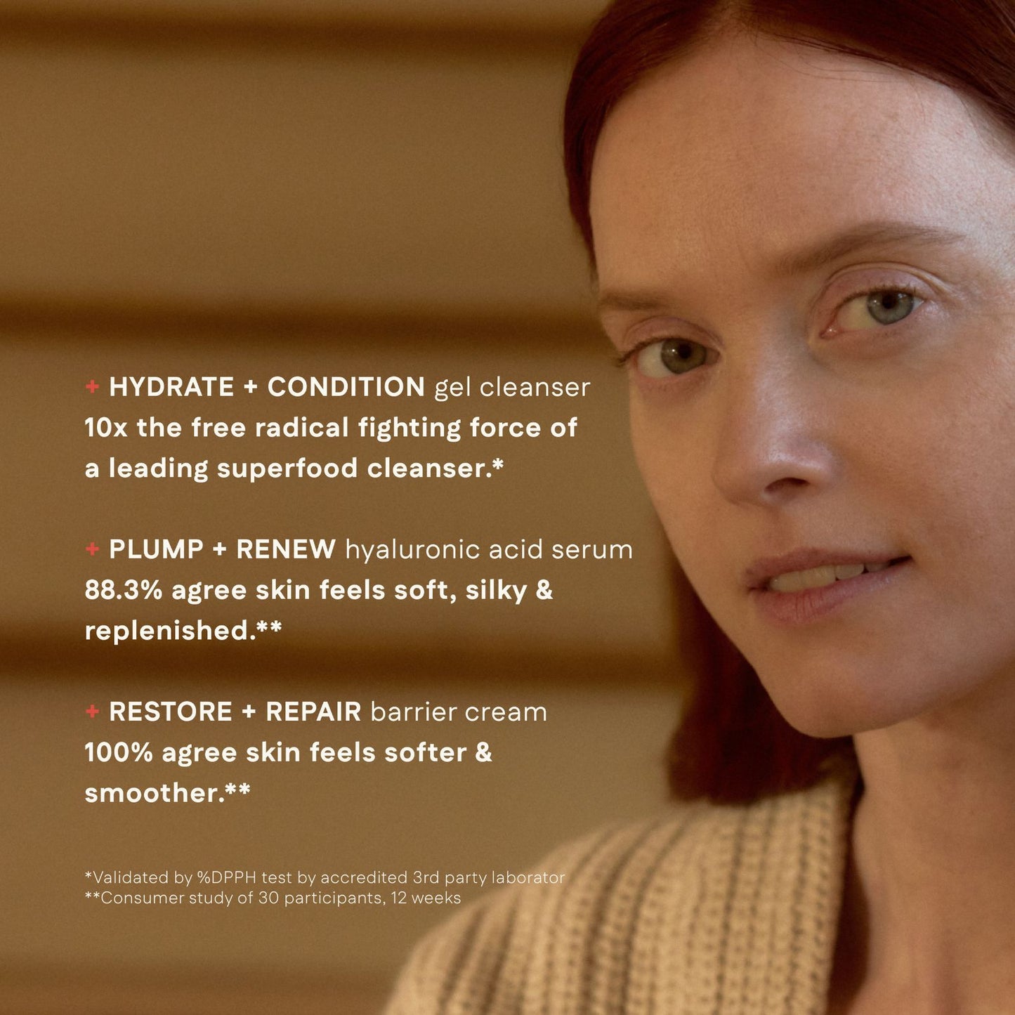 Woman with text about skincare products on a blurred background