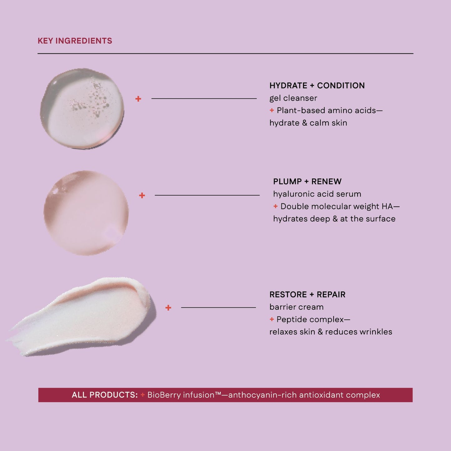 Skincare product key ingredients on a pink background with product swatches and text.