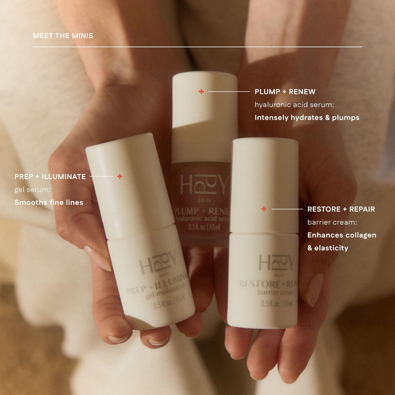 Three skincare product bottles held in a hand with product names and descriptions.