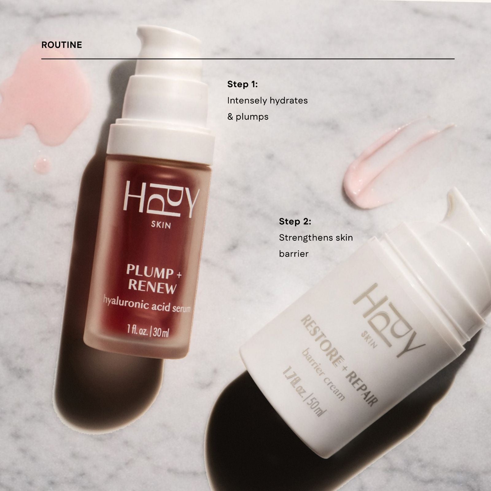 Two skincare products from Hy Skin on a marble background with text describing their functions.