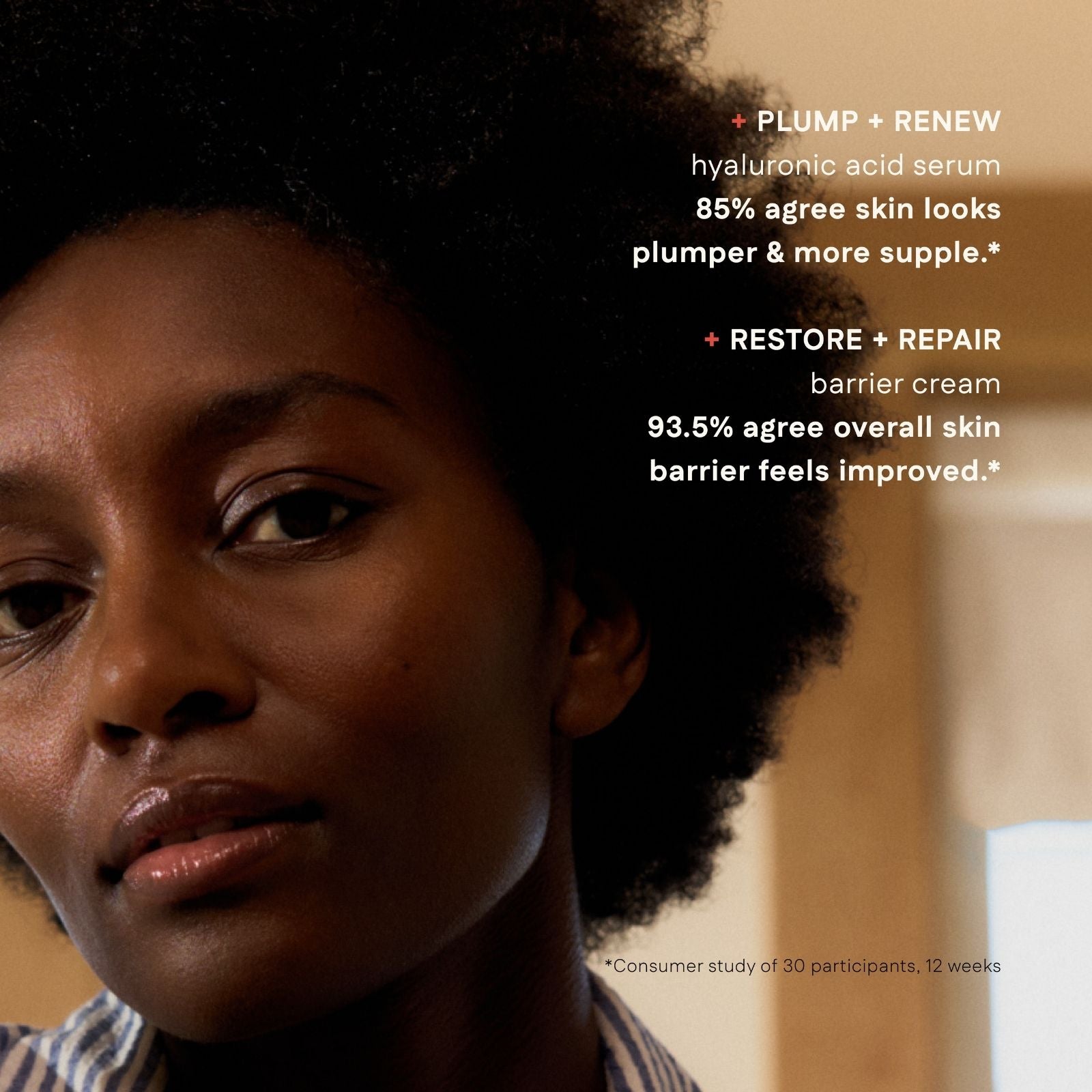 Woman with text about skincare products on a blurred background