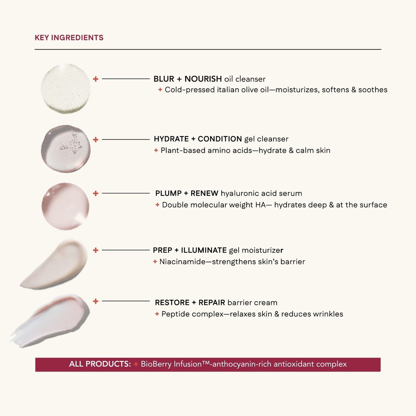 Skincare product lineup with key ingredients and descriptions on a white background