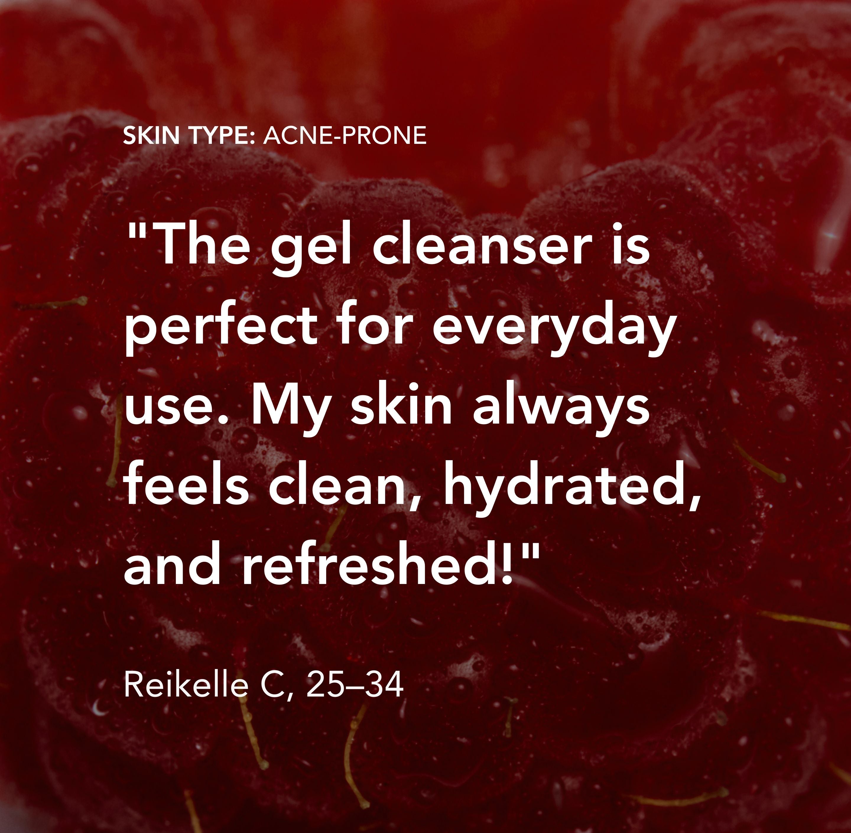 Red berries with a testimonial about a gel cleanser on a red background