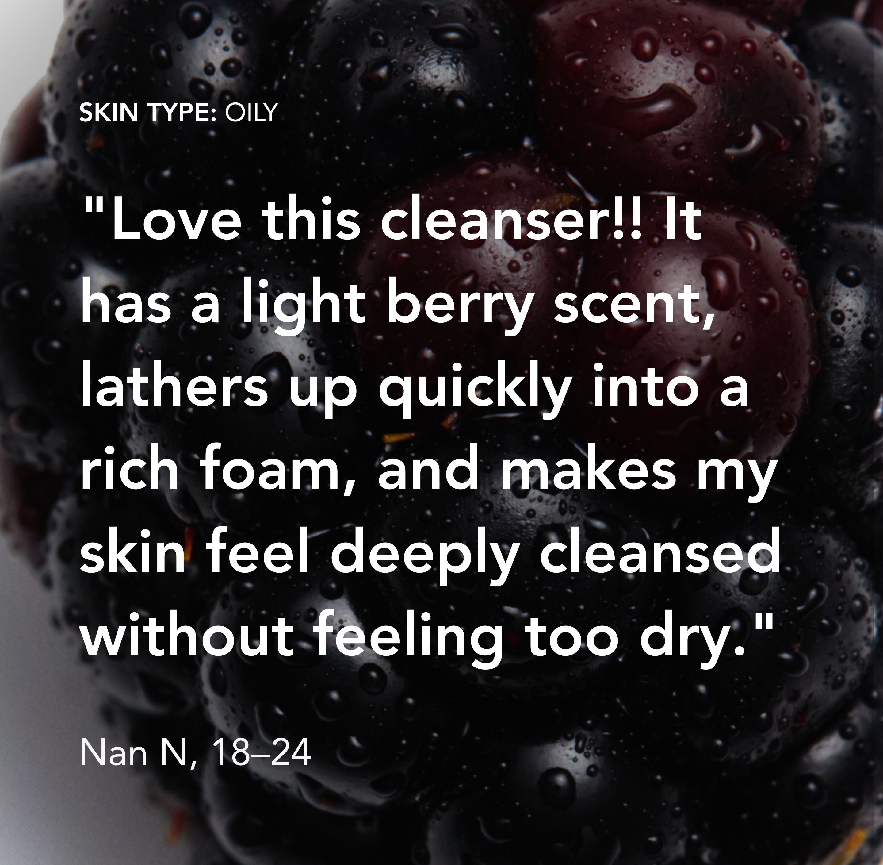 Blackberries with a product review text overlay on a white background