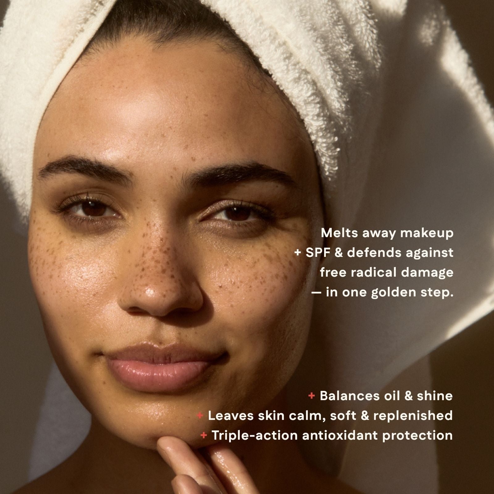 Woman with a towel on her head, showcasing skincare benefits with text overlay.