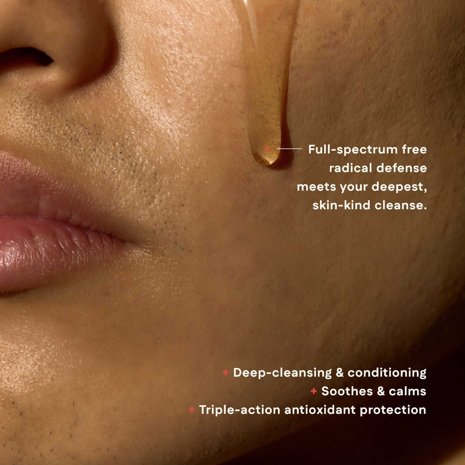 Close-up of a person's face with a product being applied, highlighting skin care benefits.
