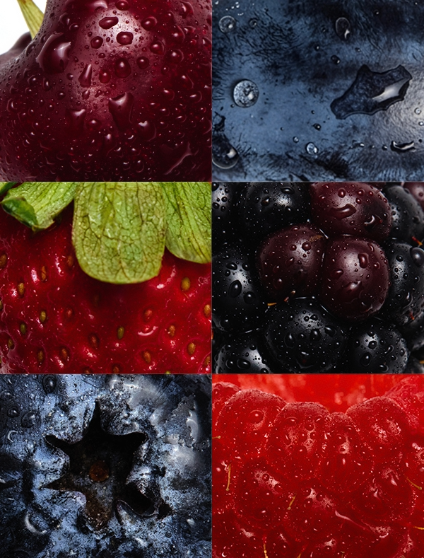 Collage of close-up images of berries with water droplets.
