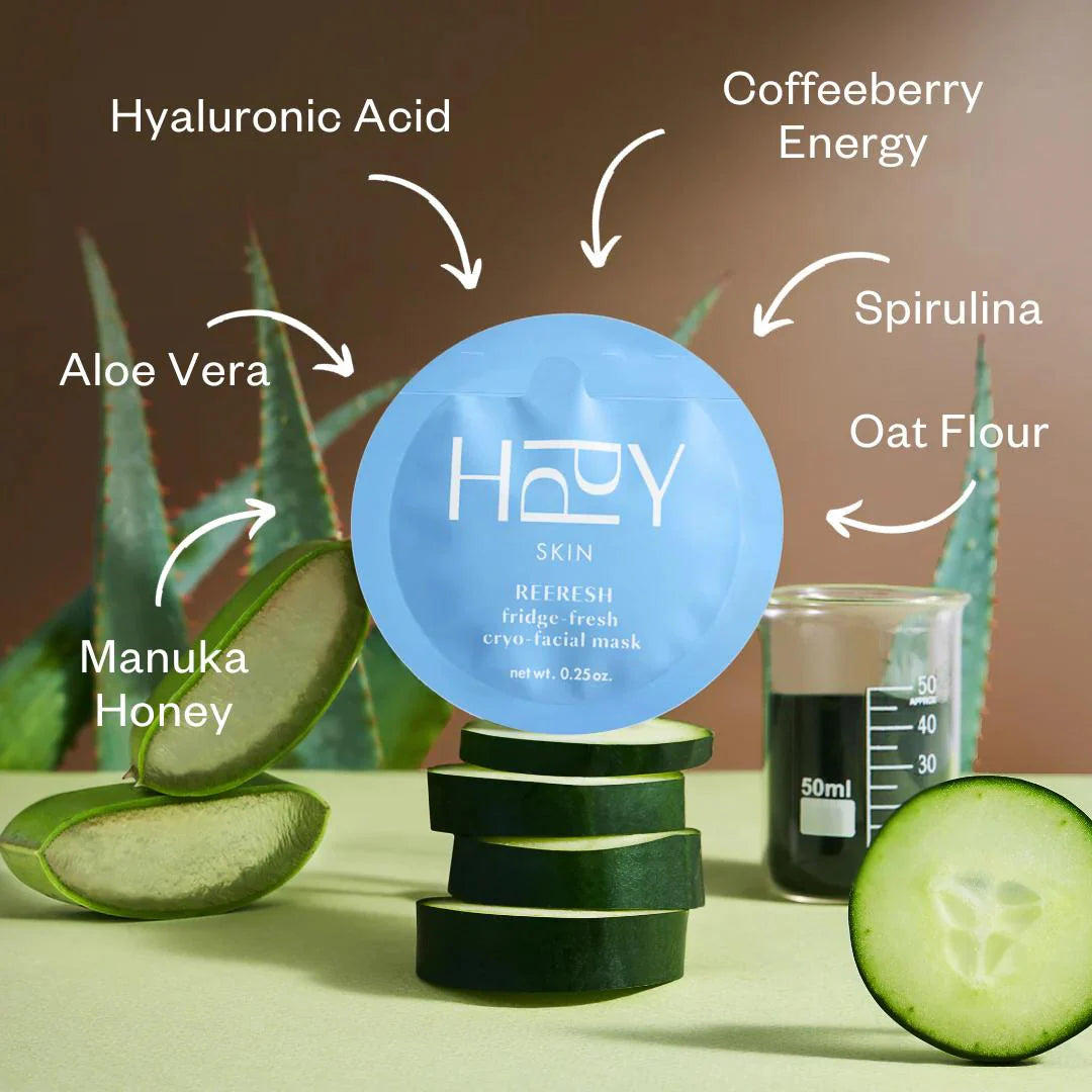 Facial mask with ingredients like Hyaluronic Acid, Coffeeberry Energy, Aloe Vera, Spirulina, Oat Flour, Manuka Honey, and cucumber slices on a green background.