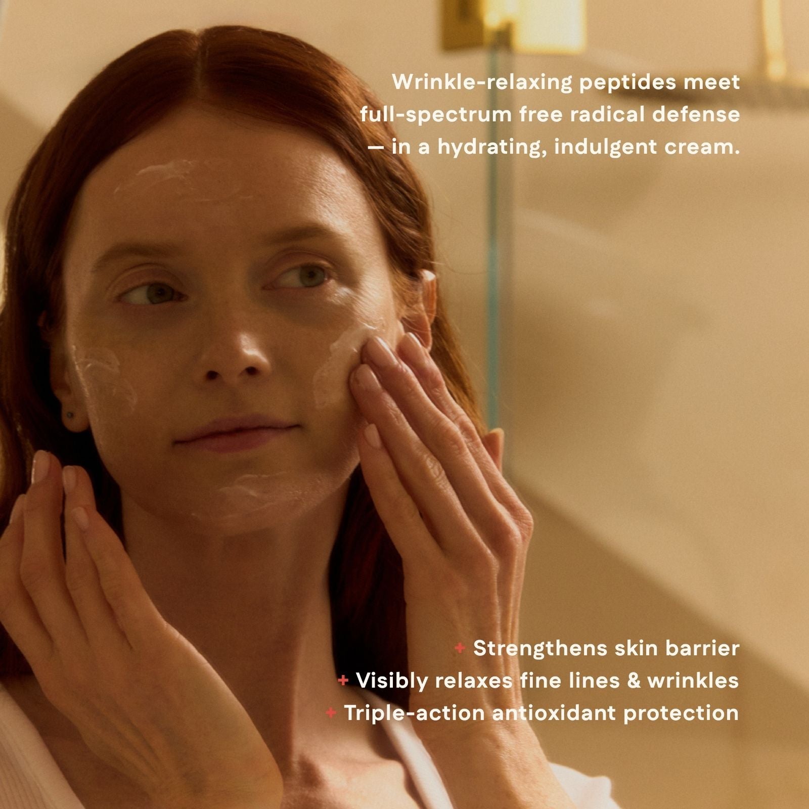 Woman applying cream to her face with text about skincare benefits.