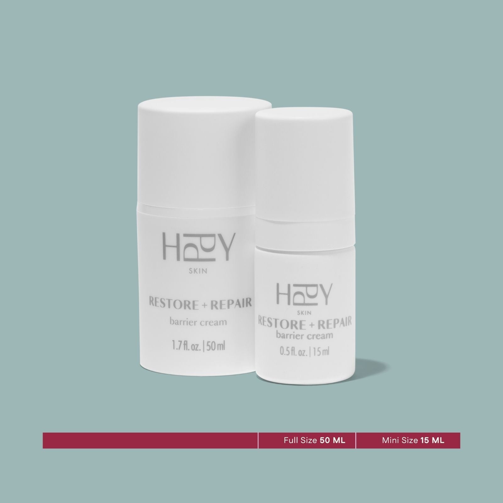 Two HAYY skincare cream containers on a light gray background