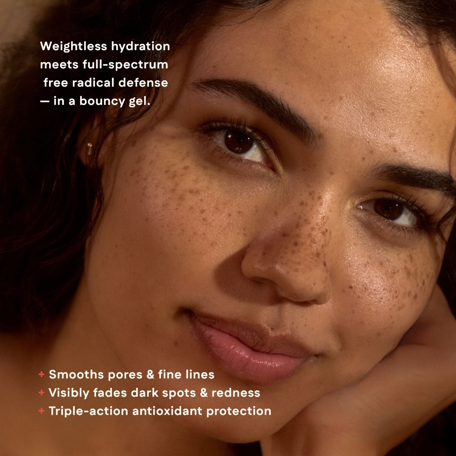 Close-up of a woman's face with text about skincare benefits