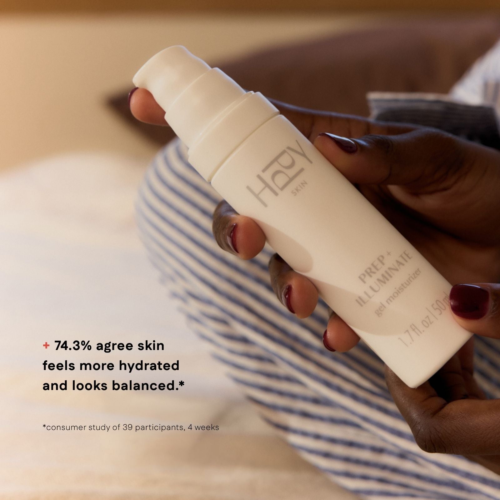 Hand holding a HPPY beauty product with text about skin hydration.
