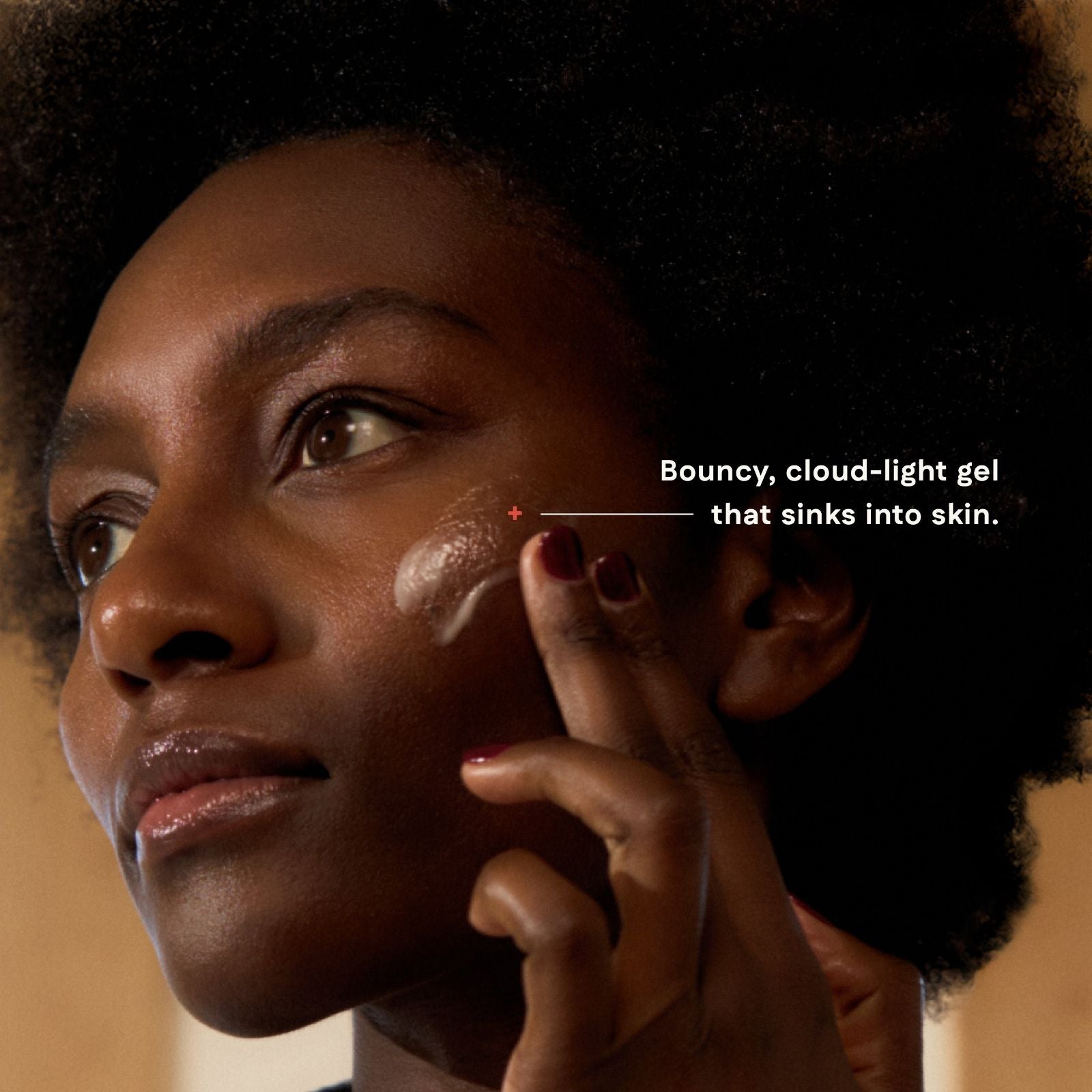 Person applying a bouncy, cloud-light gel to their skin with text overlay.