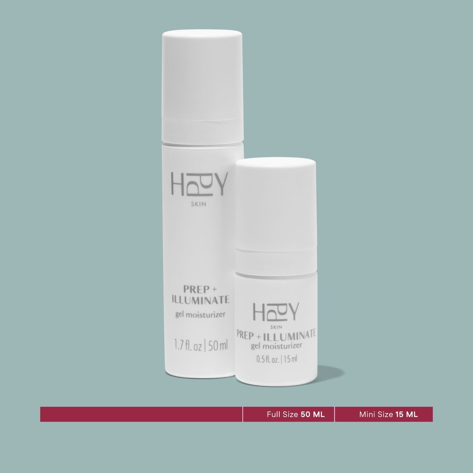 Two HPPY skincare bottles on a light blue background