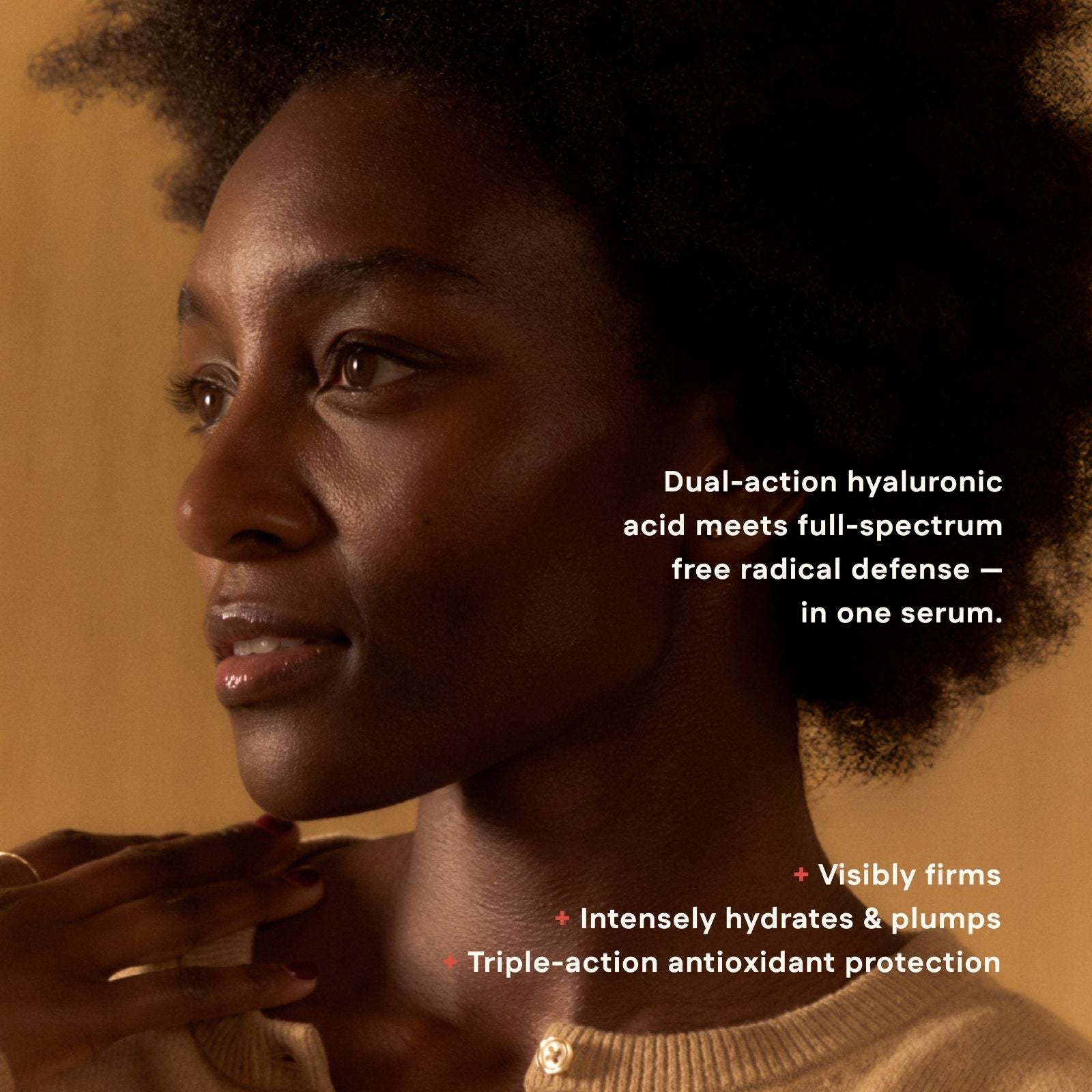 Woman with text about a skincare serum on a warm-toned background