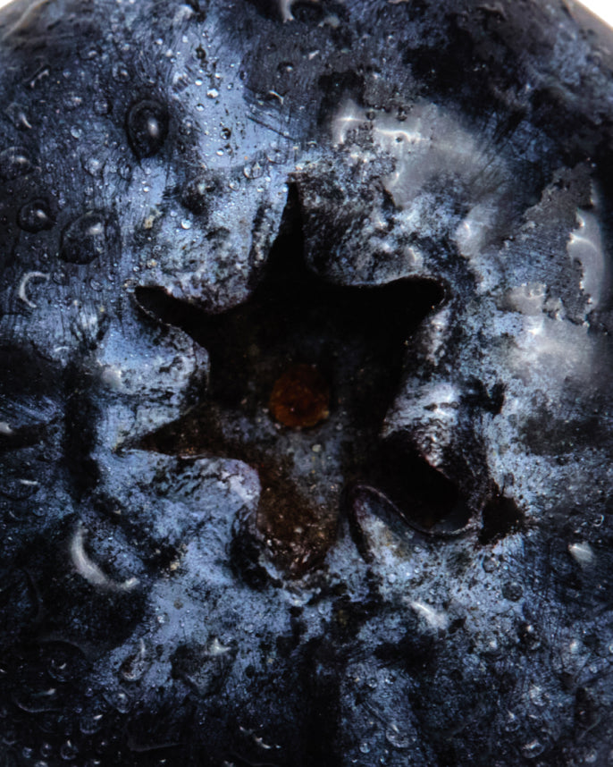 Close-up of a blueberry with water droplets on its surface
