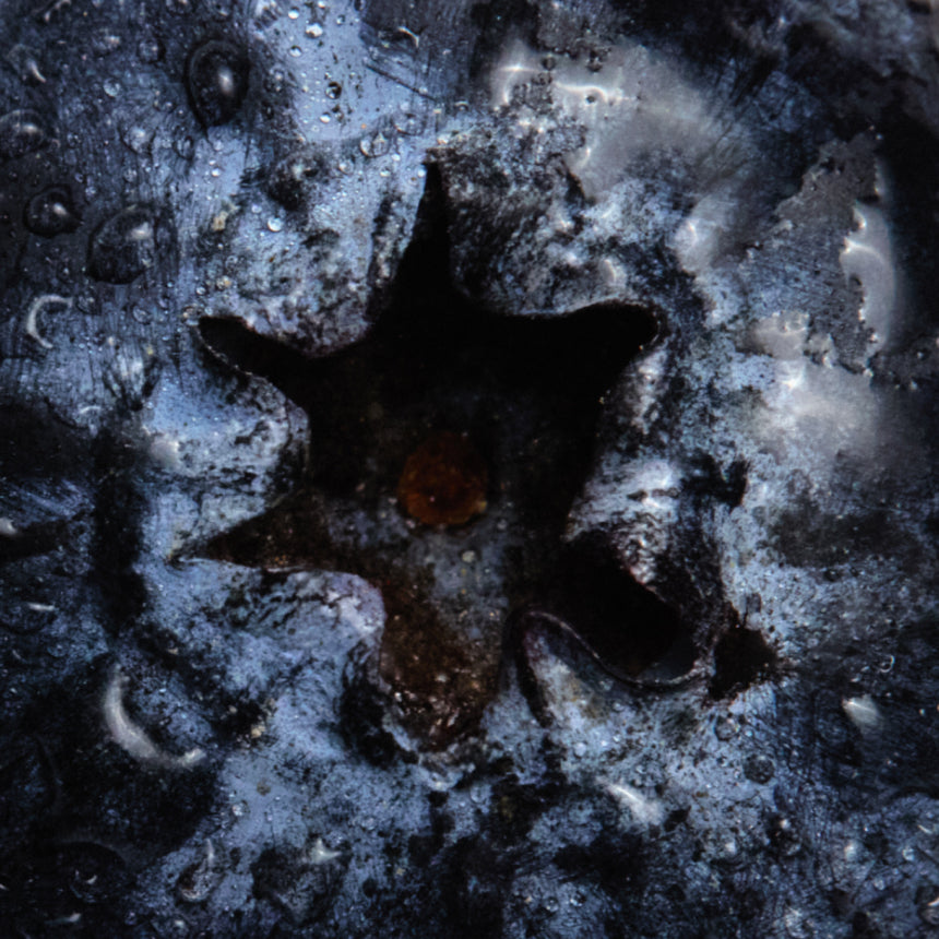 Close-up of a blueberry with a star-shaped pit